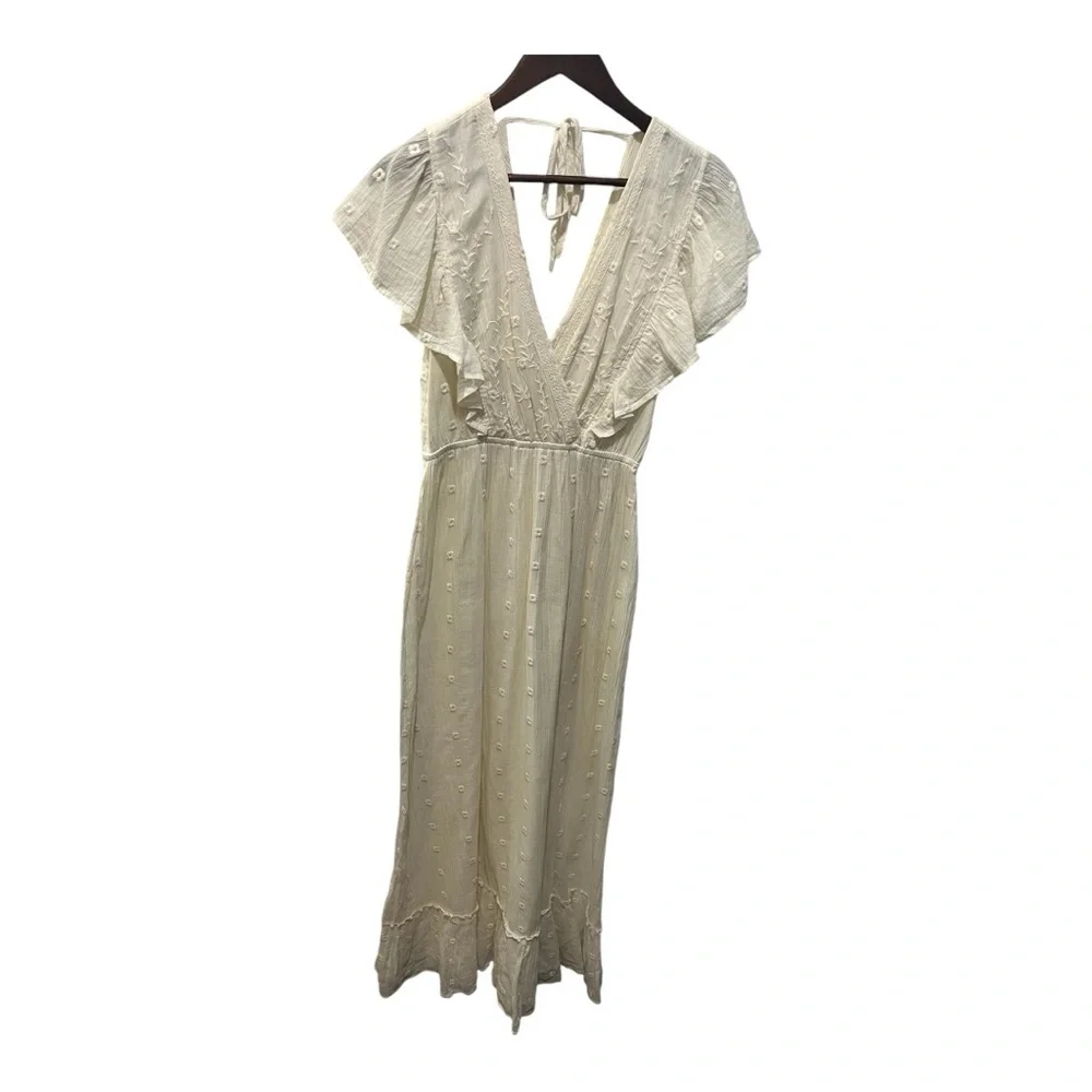 LOVE STITCH IVORY CREAM EMBROIDERED FLUTTER SLEEVE MAXI DRESS SIZE SMALL - Picture 2 of 16